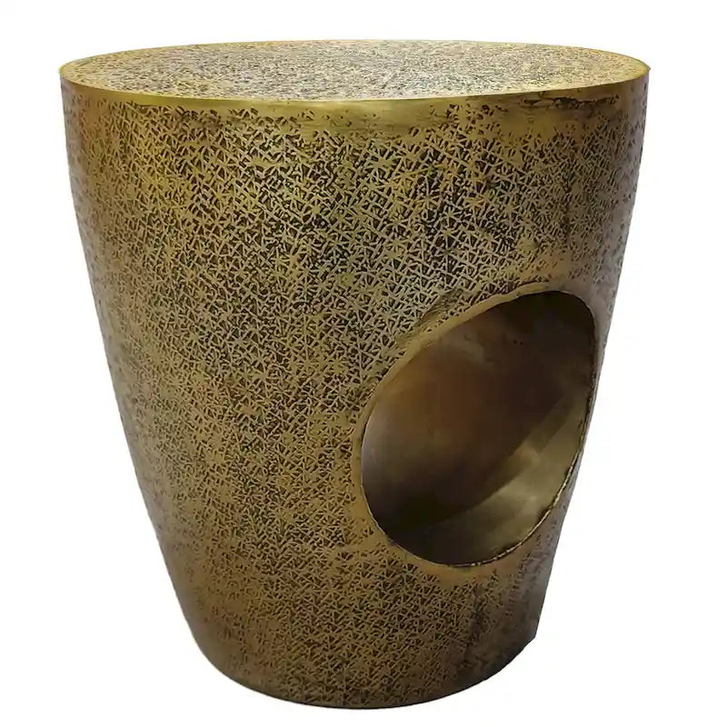 Table d'appoint Nala 17 pouces, forme de tambour effilée à centre creux unique, aluminium laiton antique