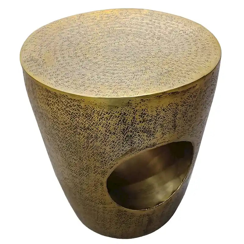 Table d'appoint Nala 17 pouces, forme de tambour effilée à centre creux unique, aluminium laiton antique