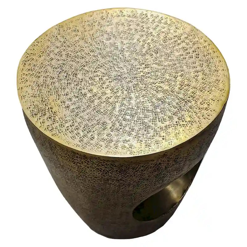 Table d'appoint Nala 17 pouces, forme de tambour effilée à centre creux unique, aluminium laiton antique