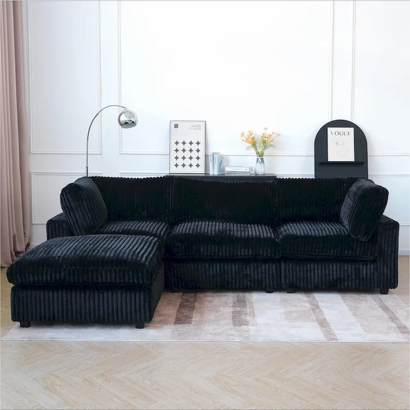 Canapé sectionnel moderne en L en tissu polyester avec pouf