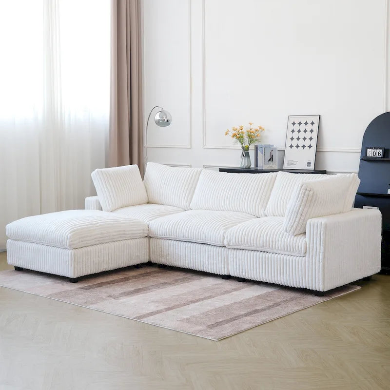 Canapé sectionnel moderne en L en tissu polyester avec pouf