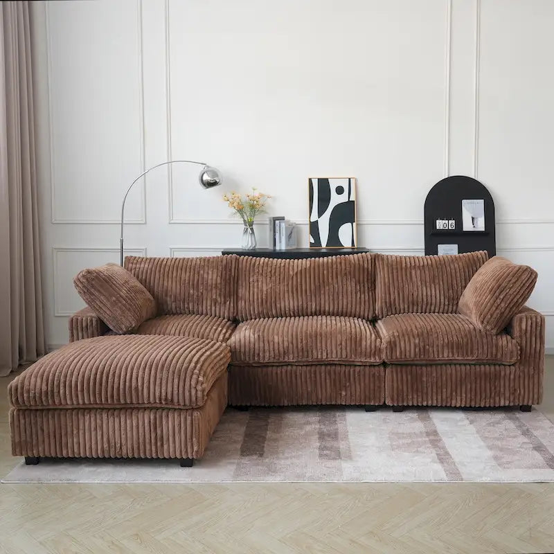 Canapé sectionnel moderne en L en tissu polyester avec pouf