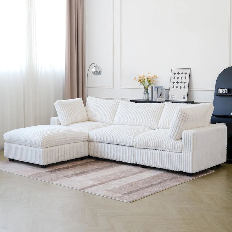 Canapé sectionnel moderne en L en tissu polyester avec pouf