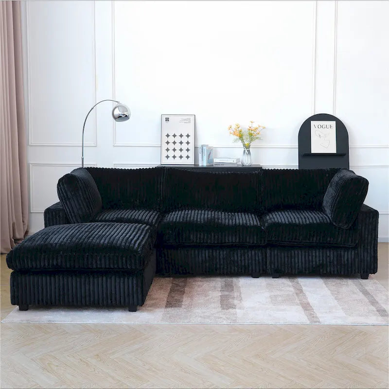 Canapé sectionnel moderne en L en tissu polyester avec pouf