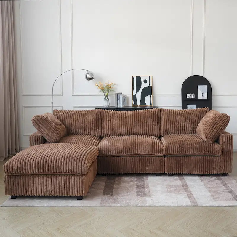 Canapé sectionnel moderne en L en tissu polyester avec pouf