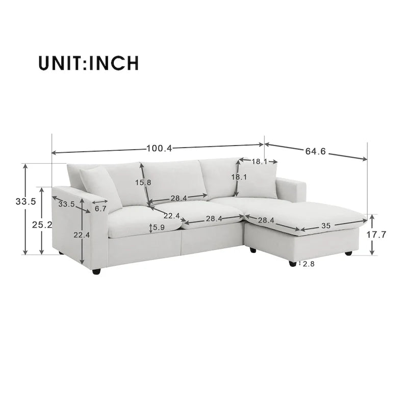 Canapé sectionnel moderne en L en tissu polyester avec pouf