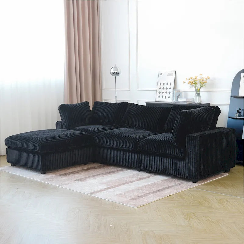 Canapé sectionnel moderne en L en tissu polyester avec pouf