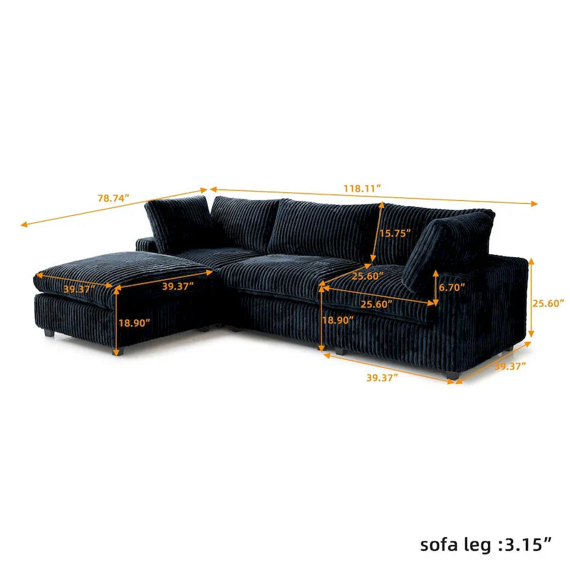 Canapé sectionnel moderne en L en tissu polyester avec pouf