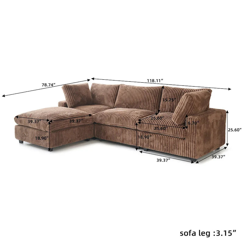 Canapé sectionnel moderne en L en tissu polyester avec pouf