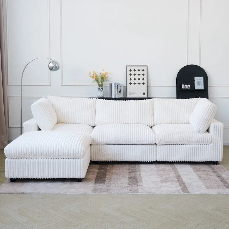 Canapé sectionnel moderne en L en tissu polyester avec pouf