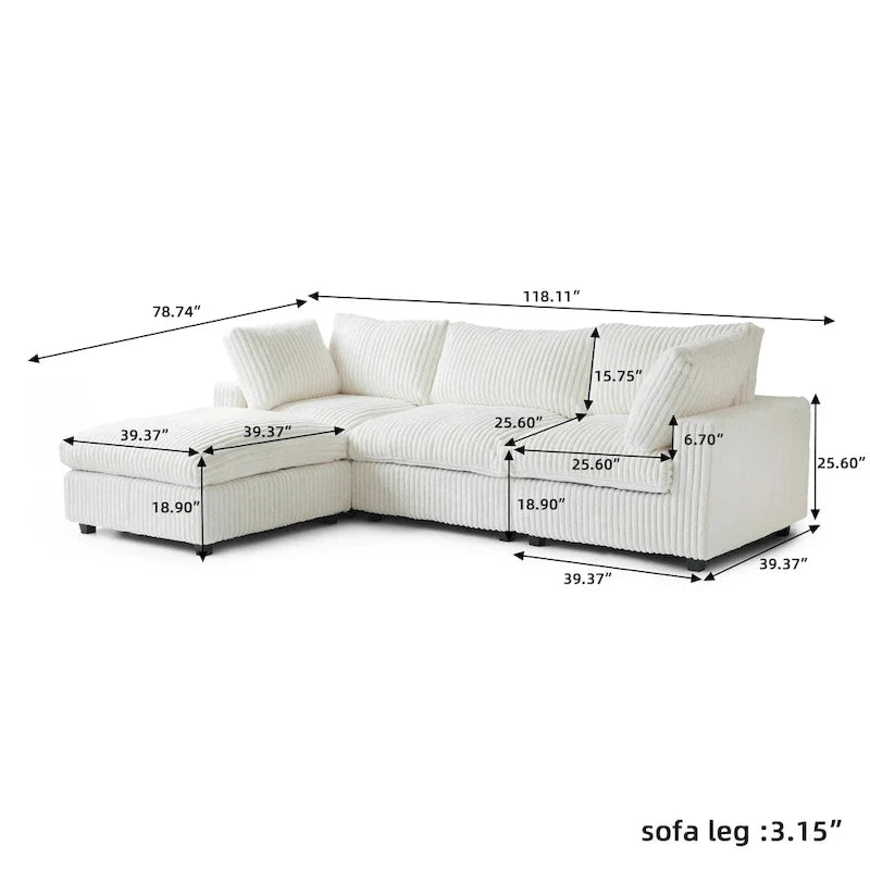Canapé sectionnel moderne en L en tissu polyester avec pouf