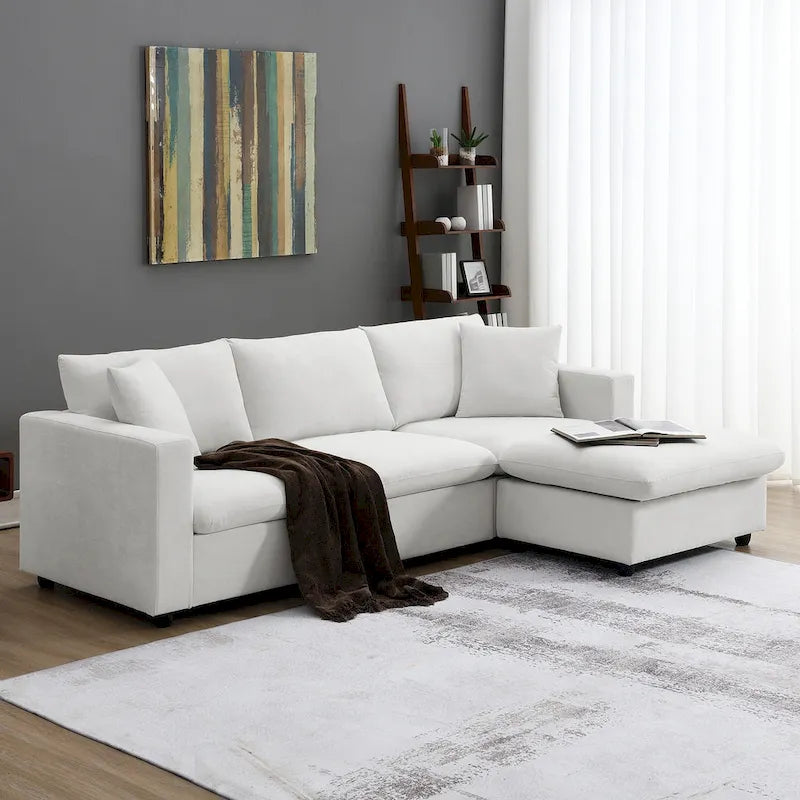 Canapé sectionnel moderne en L en tissu polyester avec pouf