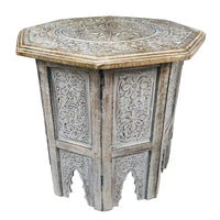 Table d'appoint de ferme Olta de 45 cm fabriquée à la main, motif gravé sculpté, bois de manguier, plateau octogonal, marron antique