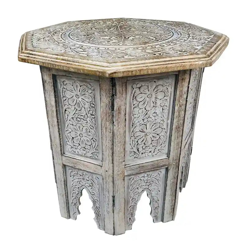 Table d'appoint de ferme Olta de 45 cm fabriquée à la main, motif gravé sculpté, bois de manguier, plateau octogonal, marron antique
