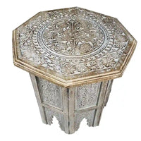 Table d'appoint de ferme Olta de 45 cm fabriquée à la main, motif gravé sculpté, bois de manguier, plateau octogonal, marron antique