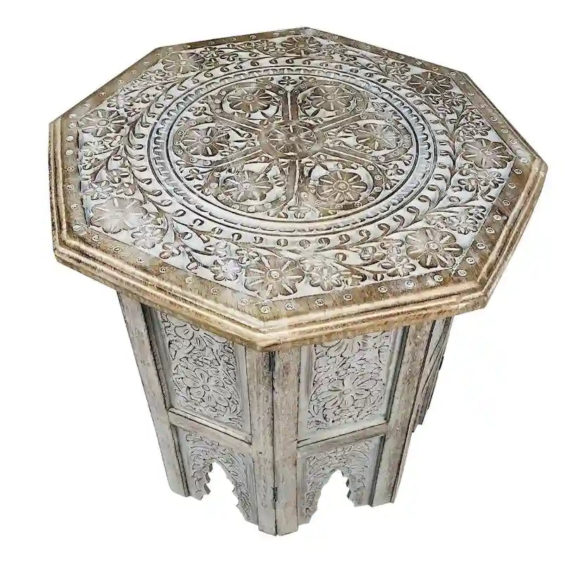 Table d'appoint de ferme Olta de 45 cm fabriquée à la main, motif gravé sculpté, bois de manguier, plateau octogonal, marron antique