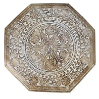 Table d'appoint de ferme Olta de 45 cm fabriquée à la main, motif gravé sculpté, bois de manguier, plateau octogonal, marron antique