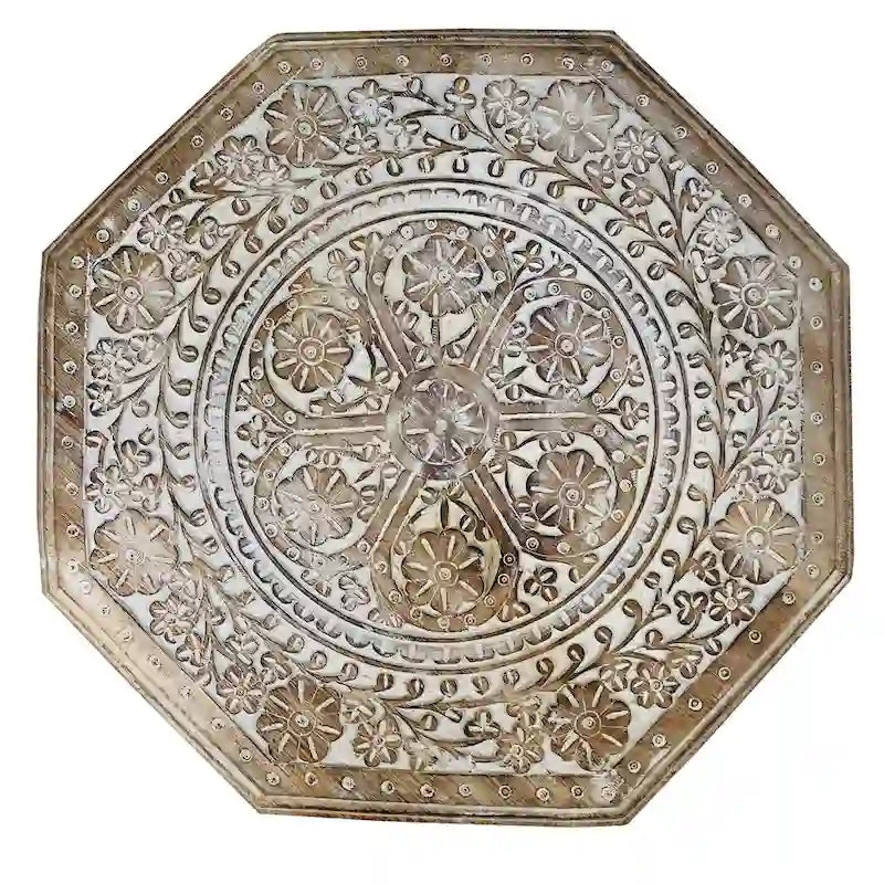Table d'appoint de ferme Olta de 45 cm fabriquée à la main, motif gravé sculpté, bois de manguier, plateau octogonal, marron antique