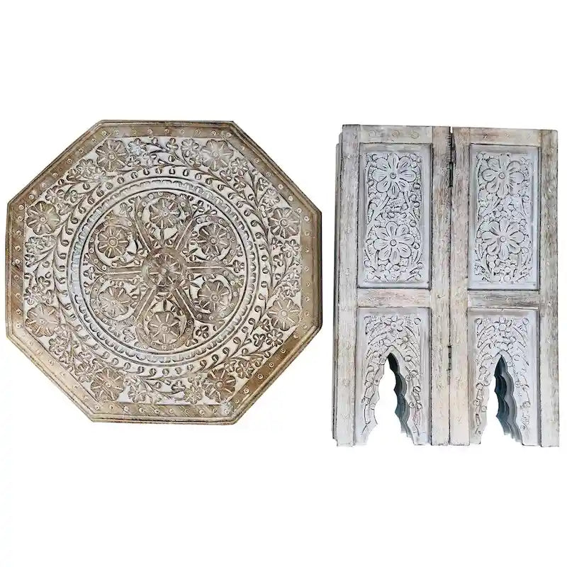 Table d'appoint de ferme Olta de 45 cm fabriquée à la main, motif gravé sculpté, bois de manguier, plateau octogonal, marron antique