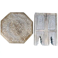Table d'appoint de ferme Olta de 45 cm fabriquée à la main, motif gravé sculpté, bois de manguier, plateau octogonal, marron antique