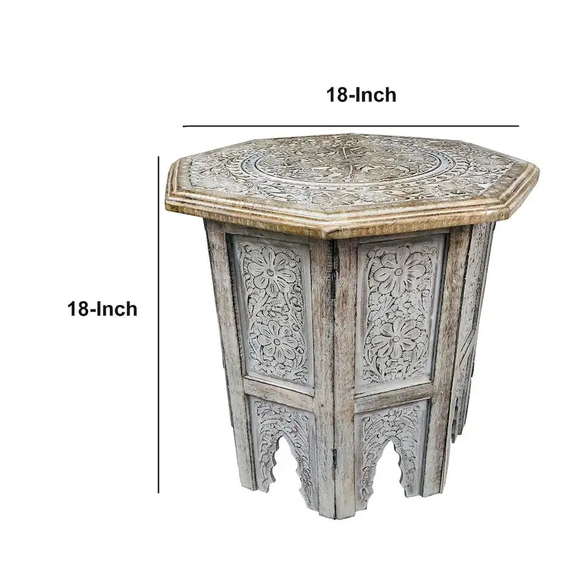 Table d'appoint de ferme Olta de 45 cm fabriquée à la main, motif gravé sculpté, bois de manguier, plateau octogonal, marron antique