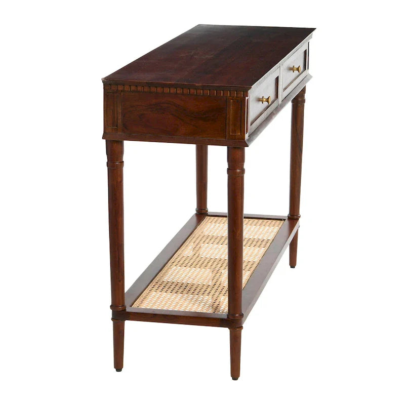 Console en bois d'acacia avec étagère en rotin