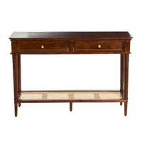 Console en bois d'acacia avec étagère en rotin