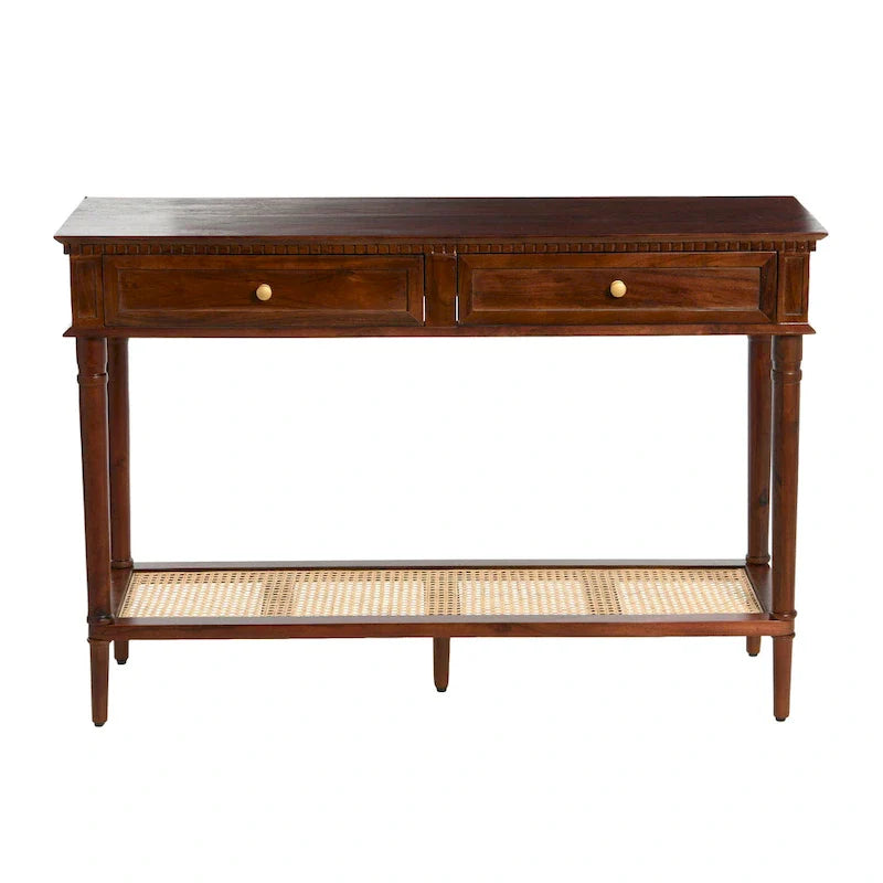 Console en bois d'acacia avec étagère en rotin