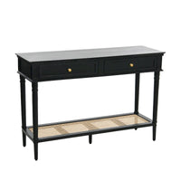Console en bois d'acacia avec étagère en rotin