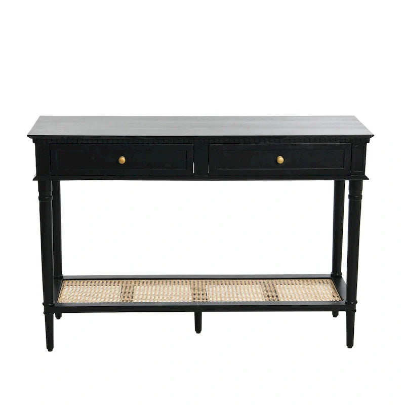 Console en bois d'acacia avec étagère en rotin