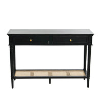 Console en bois d'acacia avec étagère en rotin