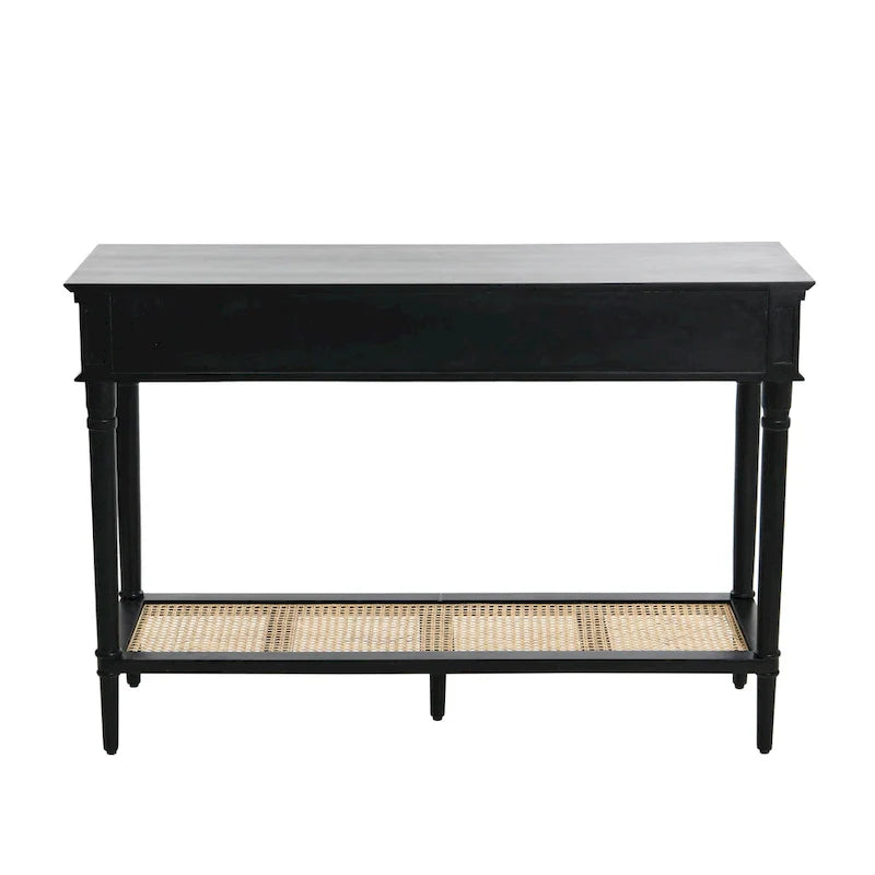 Console en bois d'acacia avec étagère en rotin