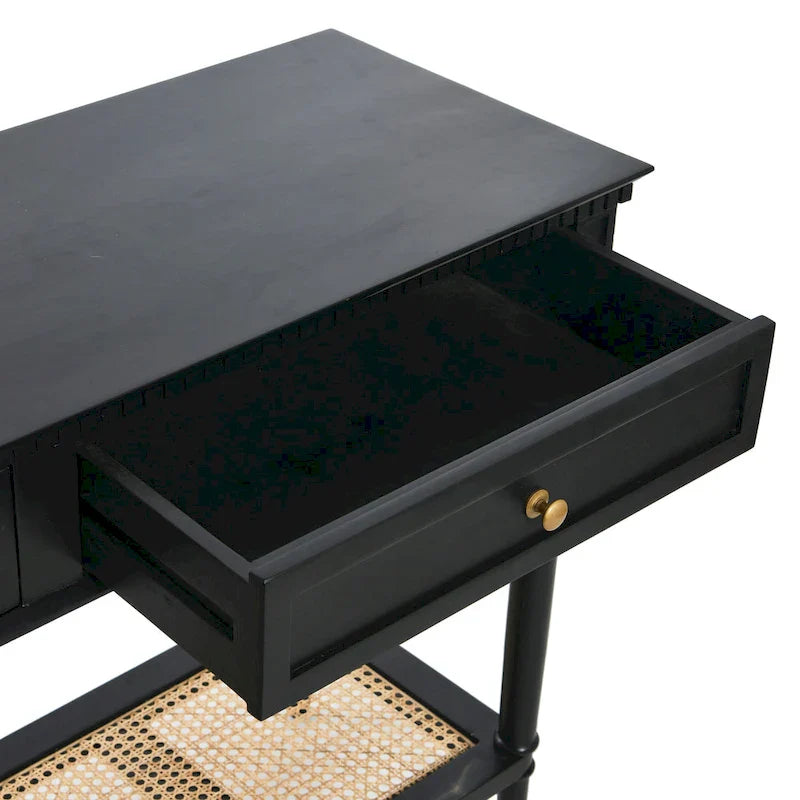 Console en bois d'acacia avec étagère en rotin