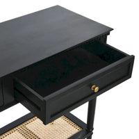 Console en bois d'acacia avec étagère en rotin