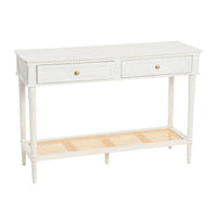 Console en bois d'acacia avec étagère en rotin