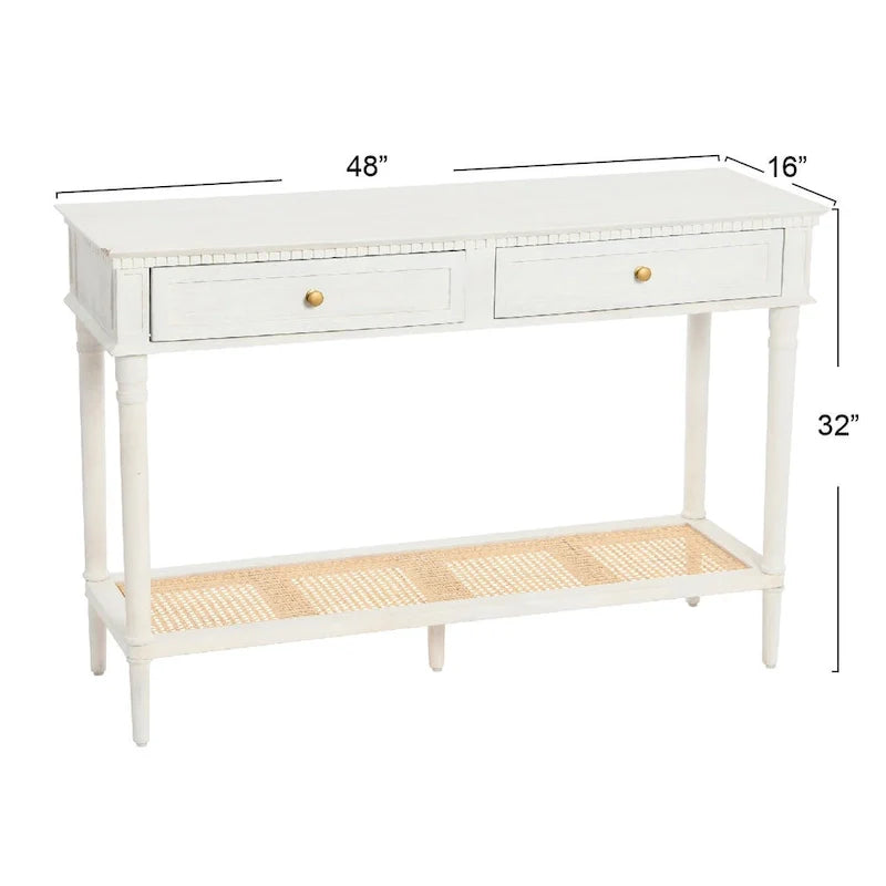 Console en bois d'acacia avec étagère en rotin