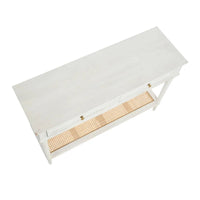 Console en bois d'acacia avec étagère en rotin