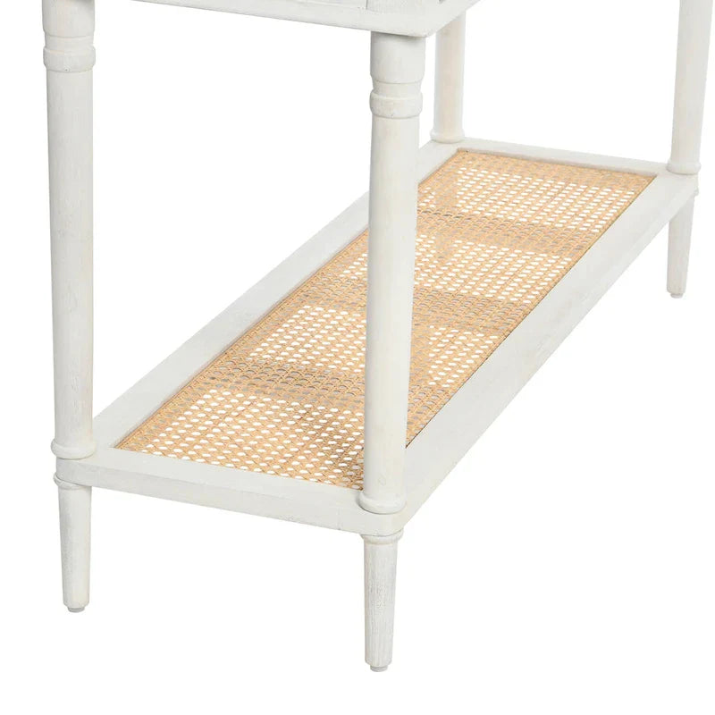 Console en bois d'acacia avec étagère en rotin