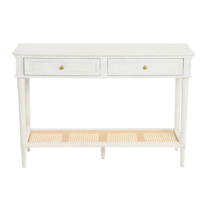Console en bois d'acacia avec étagère en rotin