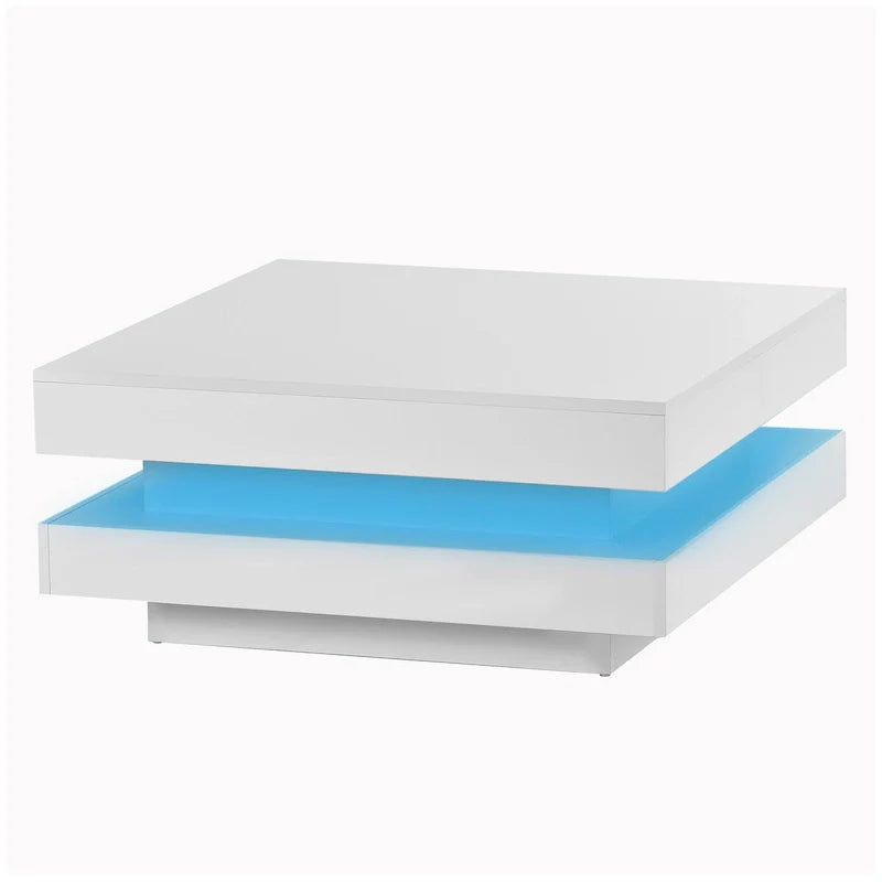 Table basse carrée à 2 niveaux design minimaliste haute brillance avec éclairage LED, table centrale pour salon