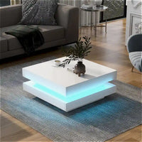 Table basse carrée à 2 niveaux design minimaliste haute brillance avec éclairage LED, table centrale pour salon