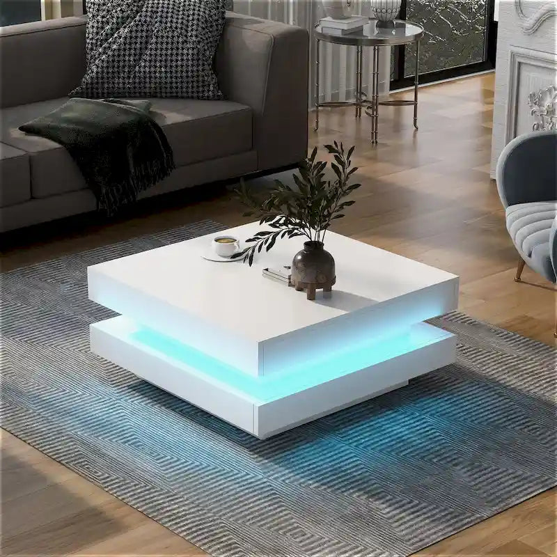 Table basse carrée à 2 niveaux design minimaliste haute brillance avec éclairage LED, table centrale pour salon
