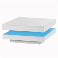 Table basse carrée à 2 niveaux design minimaliste haute brillance avec éclairage LED, table centrale pour salon