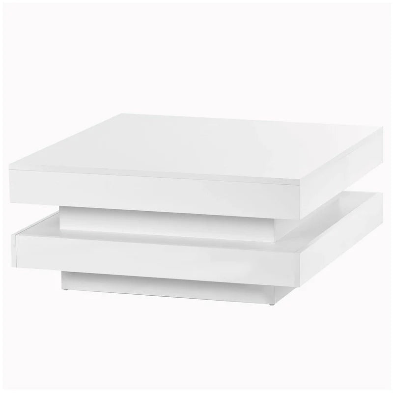Table basse carrée à 2 niveaux design minimaliste haute brillance avec éclairage LED, table centrale pour salon