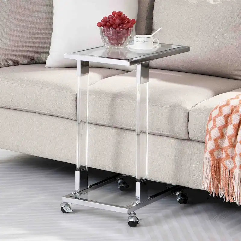 Table d'appoint en verre, Table d'appoint en acrylique, Table carrée en forme de C avec plateau en verre et base en métal