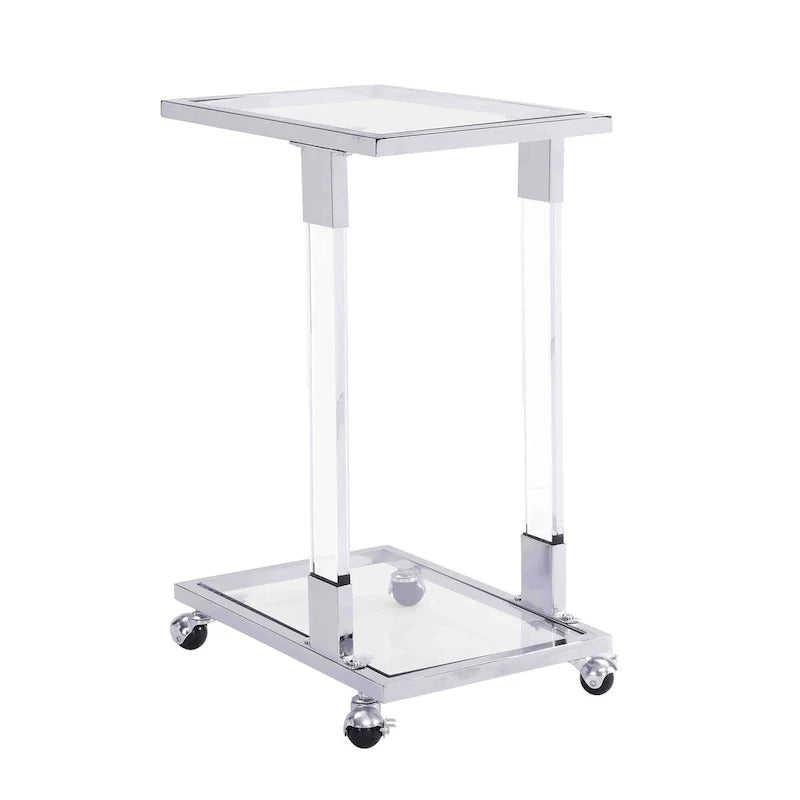 Table d'appoint en verre, Table d'appoint en acrylique, Table carrée en forme de C avec plateau en verre et base en métal