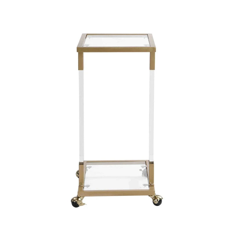Table d'appoint en verre, Table d'appoint en acrylique, Table carrée en forme de C avec plateau en verre et base en métal