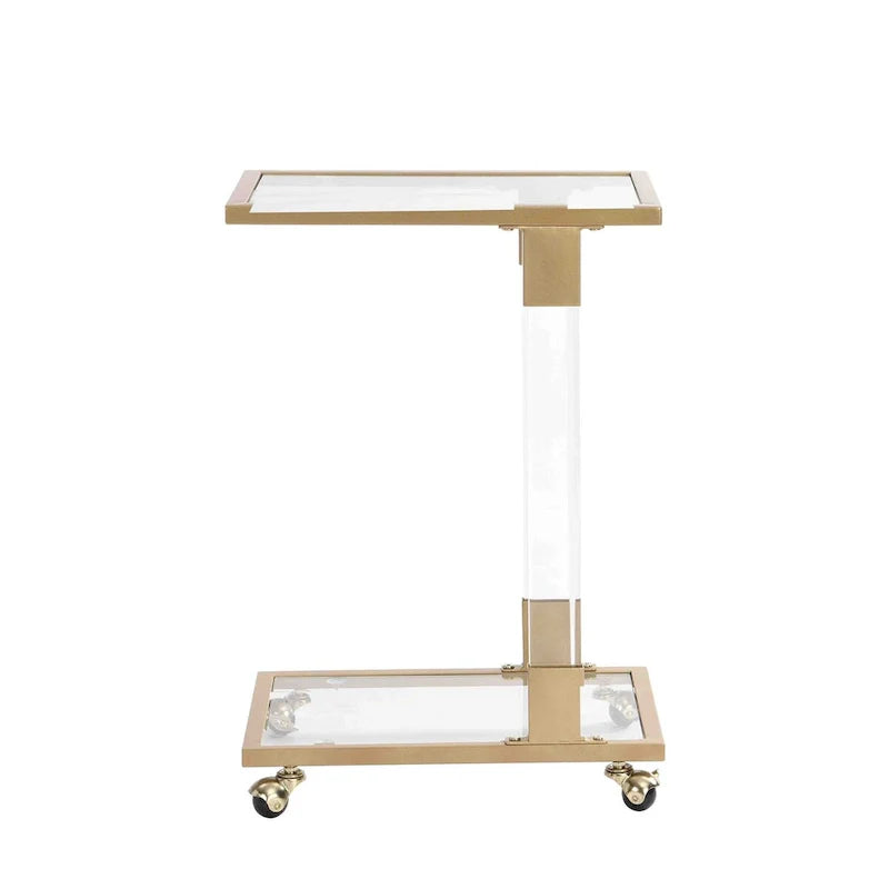 Table d'appoint en verre, Table d'appoint en acrylique, Table carrée en forme de C avec plateau en verre et base en métal