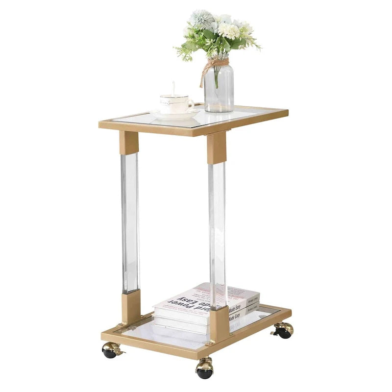 Table d'appoint en verre, Table d'appoint en acrylique, Table carrée en forme de C avec plateau en verre et base en métal