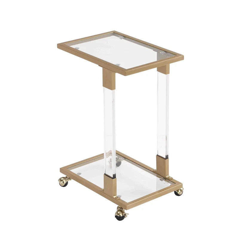 Table d'appoint en verre, Table d'appoint en acrylique, Table carrée en forme de C avec plateau en verre et base en métal